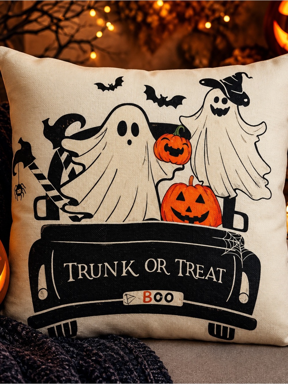 “Trunk or Treat” off-white / cream Halloween throw pillow COVER